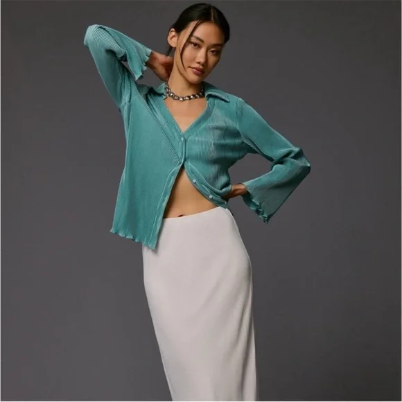Anthropologie Dolan Lettuce Hem Teal Turquoise Button Front Pleated Shirt Top - Picture 1 of 9